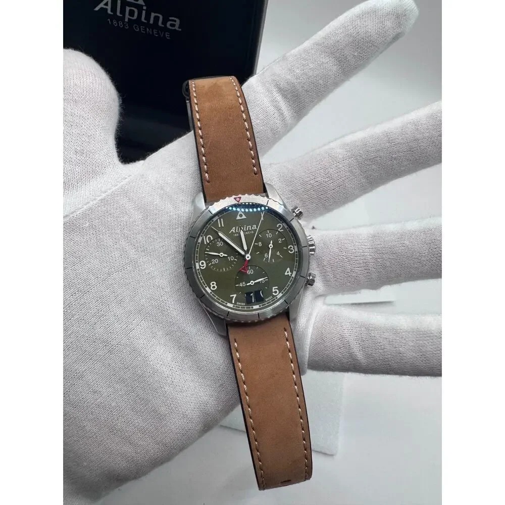Swiss Made Alpina Pilot Chronograph Big Date Green Dial Mens Watch AL-372GR4S26